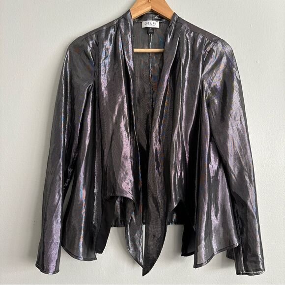 Anthropologie Delfi Collective Metallic Mixed Design Silk Blouse Small Tie Front - Picture 2 of 11